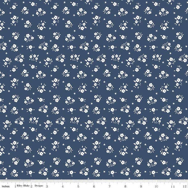 17" End of Bolt - American Beauty Ditsy C14446 Navy by Riley Blake Designs - Patriotic Floral White Flowers Stars - Quilting Cotton Fabric