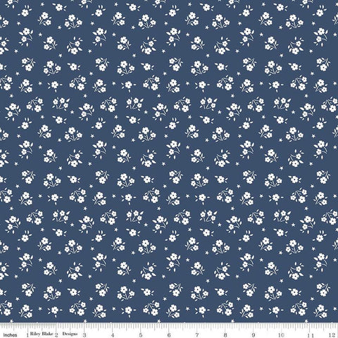 Fat Quarter End of Bolt - American Beauty Ditsy C14446 Navy by Riley Blake - Patriotic Floral White Flowers Stars - Quilting Cotton Fabric