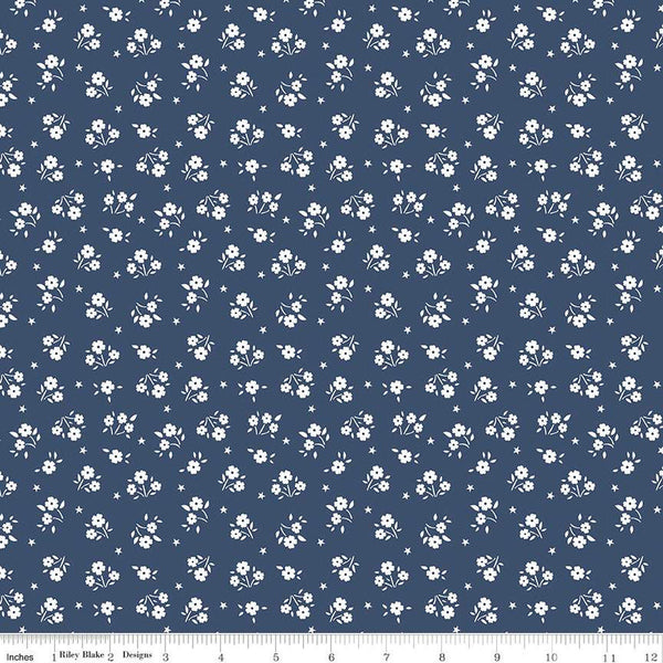 17" End of Bolt - American Beauty Ditsy C14446 Navy by Riley Blake Designs - Patriotic Floral White Flowers Stars - Quilting Cotton Fabric