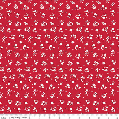 American Beauty Ditsy C14446 Red by Riley Blake Designs - Patriotic Floral White Flowers Stars - Quilting Cotton Fabric