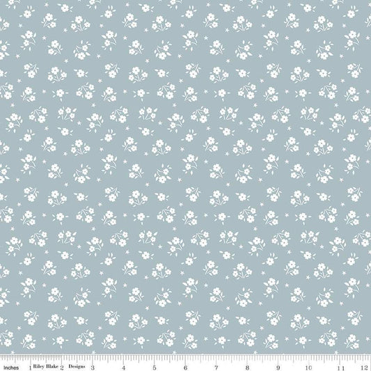 Fat Quarter End of Bolt - American Beauty Ditsy C14446 Storm by Riley Blake - Patriotic Floral White Flowers Stars - Quilting Cotton Fabric