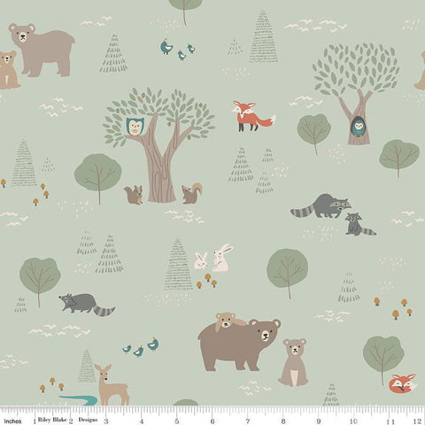 FLANNEL Elmer and Eloise F14690 Sage - Riley Blake Designs - Bears Rabbits Owls Racoons Foxes Quail Trees - FLANNEL Cotton Fabric