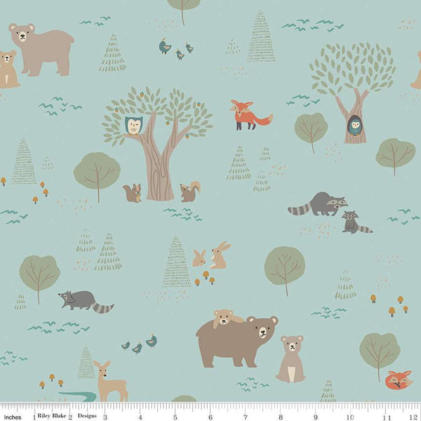 SALE FLANNEL Elmer and Eloise F14690 Aqua - Riley Blake Designs - Bears Rabbits Owls Racoons Foxes Quail Trees - FLANNEL Cotton Fabric