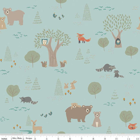 FLANNEL Elmer and Eloise F14690 Aqua - Riley Blake Designs - Bears Rabbits Owls Racoons Foxes Quail Trees - FLANNEL Cotton Fabric