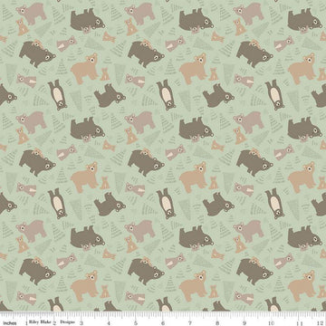 15" End of Bolt - FLANNEL Elmer and Eloise Bears F14691 Sage - Riley Blake Designs - Bears Bear Cubs Trees - FLANNEL Cotton Fabric