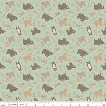 Fat Quarter End of Bolt - FLANNEL Elmer and Eloise Bears F14691 Sage - Riley Blake Designs - Bears Bear Cubs Trees - FLANNEL Cotton Fabric