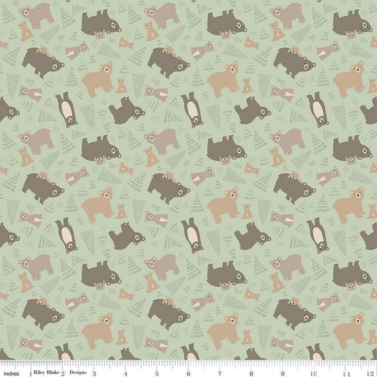 Fat Quarter End of Bolt - FLANNEL Elmer and Eloise Bears F14691 Sage - Riley Blake Designs - Bears Bear Cubs Trees - FLANNEL Cotton Fabric