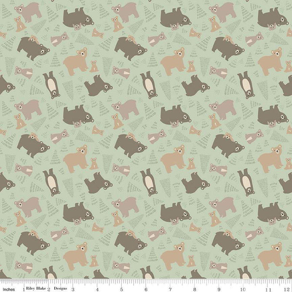 SALE FLANNEL Elmer and Eloise Bears F14691 Sage - Riley Blake Designs - Bears Bear Cubs Trees - FLANNEL Cotton Fabric