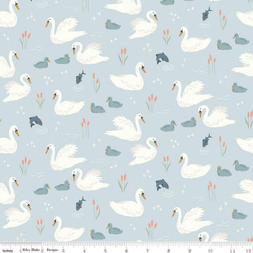 34" End of Bolt - CLEARANCE FLANNEL Little Swan F14692 Sky - Riley Blake Designs - Swans Fish - FLANNEL Cotton Fabric