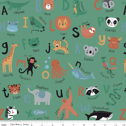 FLANNEL Alphabet Zoo F14694 Green - Riley Blake Designs - Letters Animals - FLANNEL Cotton Fabric