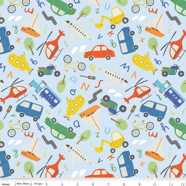 SALE FLANNEL Automobiles F14695 Sky - Riley Blake Designs - Letters Cars Planes Helicopters Bikes Tractors Boats - FLANNEL Cotton Fabric