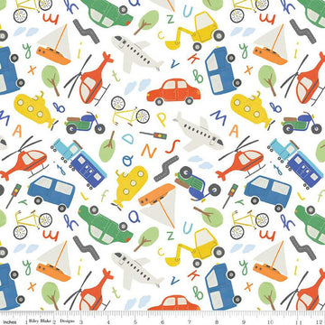 FLANNEL Automobiles F14695 White - Riley Blake Designs - Letters Cars Planes Helicopters Bikes Tractors Boats - FLANNEL Cotton Fabric