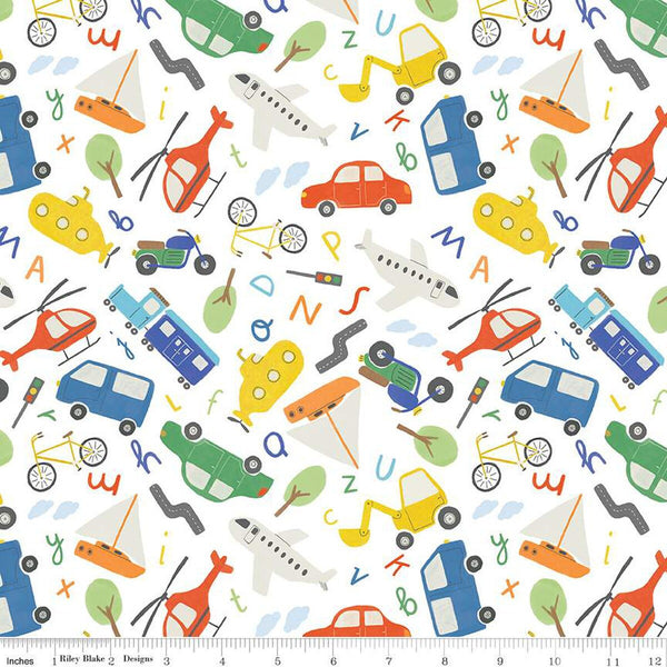 SALE FLANNEL Automobiles F14695 White - Riley Blake Designs - Letters Cars Planes Helicopters Bikes Tractors Boats - FLANNEL Cotton Fabric