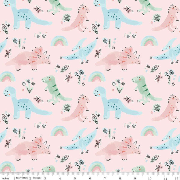 FLANNEL Dinosaurs F14696 Blush - Riley Blake Designs - Dinos Rainbows Leaves Dragonflies Flowers - FLANNEL Cotton Fabric