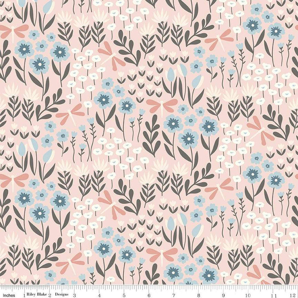 SALE FLANNEL Little Swan Lakeside Floral F14693 Blush - Riley Blake Designs - Flowers Dragonflies - FLANNEL Cotton Fabric