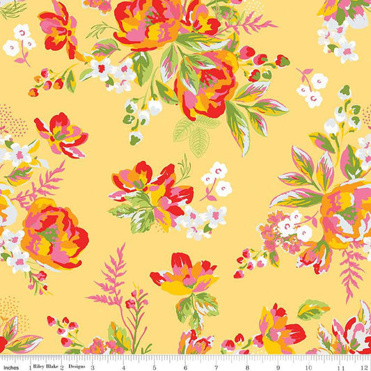 SALE Picnic Florals Main C14610 Yellow - Riley Blake Designs - Floral Flowers - Quilting Cotton Fabric