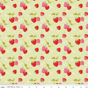 Picnic Florals Strawberries C14612 Green - Riley Blake Designs - Berries Blossoms Leaves - Quilting Cotton Fabric