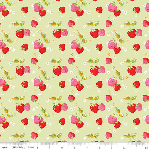Picnic Florals Strawberries C14612 Green by Riley Blake Designs - Berries Blossoms Leaves - Quilting Cotton Fabric