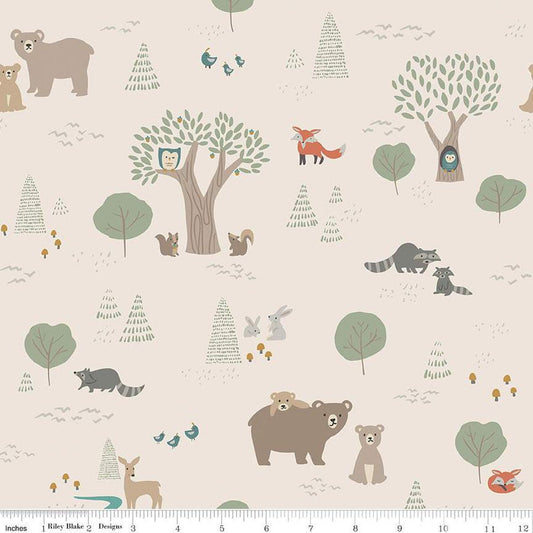 14" End of Bolt - Elmer and Eloise Main C14240 Latte by Riley Blake - Bear Rabbits Fox Owls Raccoon Squirrels Trees - Quilting Cotton Fabric
