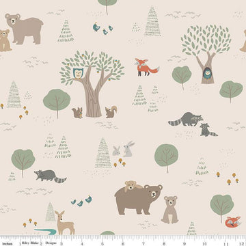 15" End of Bolt - Elmer and Eloise Main C14240 Latte by Riley Blake - Bear Rabbits Fox Owls Raccoon Squirrels Trees - Quilting Cotton Fabric