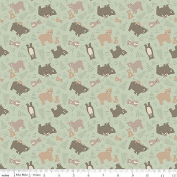 28" End of Bolt - Elmer and Eloise Bears C14241 Tea Green by Riley Blake Designs - Bears Bear Cubs Trees - Quilting Cotton Fabric