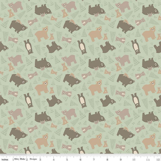 28" End of Bolt - Elmer and Eloise Bears C14241 Tea Green by Riley Blake Designs - Bears Bear Cubs Trees - Quilting Cotton Fabric