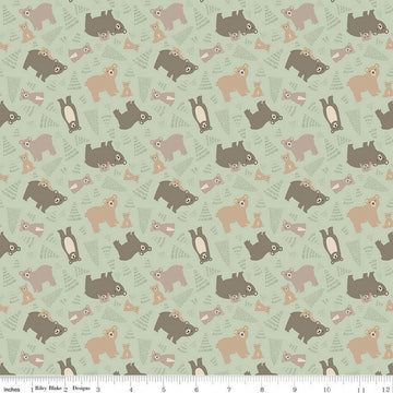 Fat Quarter End of Bolt - Elmer and Eloise Bears C14241 Tea Green by Riley Blake Designs - Bears Bear Cubs Trees - Quilting Cotton Fabric