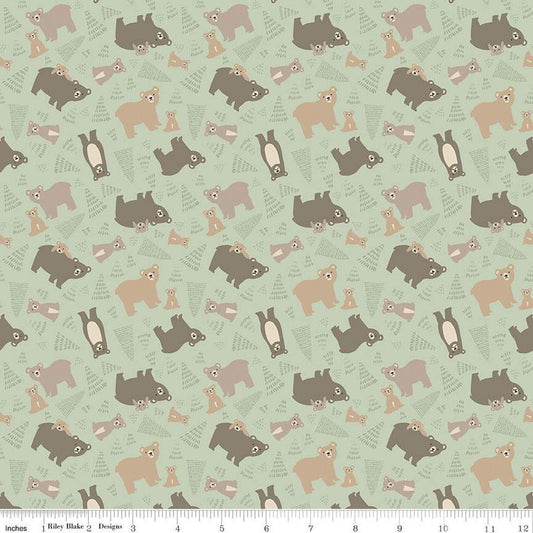 Fat Quarter End of Bolt - Elmer and Eloise Bears C14241 Tea Green by Riley Blake Designs - Bears Bear Cubs Trees - Quilting Cotton Fabric