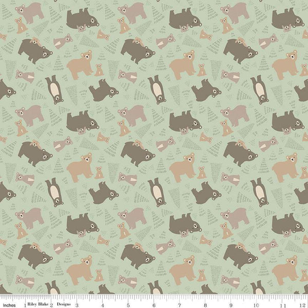 Elmer and Eloise Bears C14241 Tea Green by Riley Blake Designs - Bears Bear Cubs Trees - Quilting Cotton Fabric