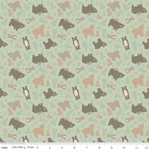 SALE Elmer and Eloise Bears C14241 Tea Green by Riley Blake Designs - Bears Bear Cubs Trees - Quilting Cotton Fabric