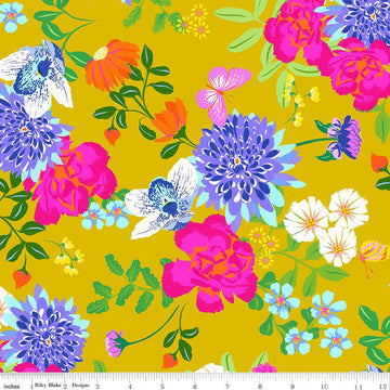 Fat Quarter End of Bolt - SALE Splendid Main CD14310 Gold - Riley Blake Designs - DIGITALLY PRINTED Floral Flowers - Quilting Cotton