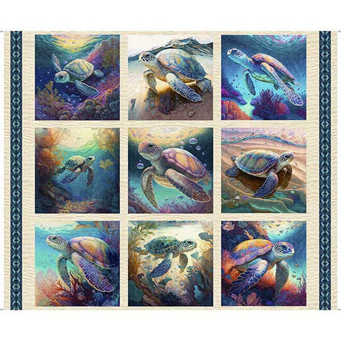 SALE Endless Blues Sea Turtle Picture Patch Panel 30040 Cream - by QT Fabrics - Turtles - Quilting Cotton Fabric