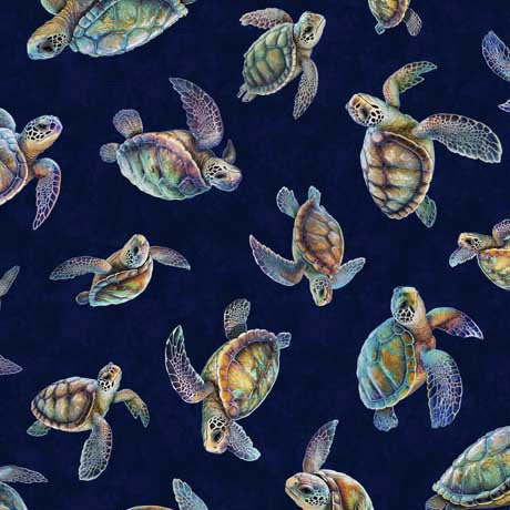 Endless Blues Sea Turtle Toss 30044 Navy - by QT Fabrics - Turtles - Quilting Cotton Fabric