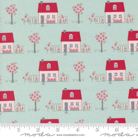Fat Quarter End of Bolt - My Summer House Houses 3040 Aqua - Moda Fabrics - Homes Trees Fences - Quilting Cotton Fabric