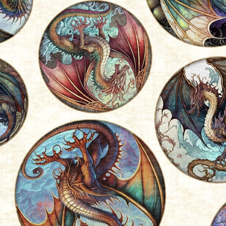 SALE Dragon Fyre 29928 Dragon Round Picture Patches E - by QT Fabrics - Fire Breathing Dragons - Quilting Cotton Fabric