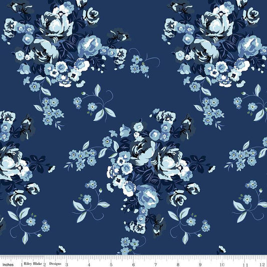 SALE Tulip Cottage Main C14260 Navy - Riley Blake Designs - Floral Flowers - Quilting Cotton Fabric
