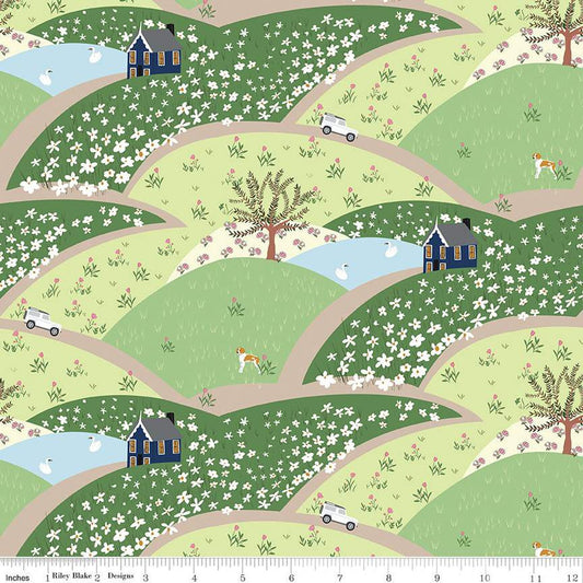 Tulip Cottage Flower Fields C14261 Green - Riley Blake Designs - Hills Houses Trees Animals Flowers - Quilting Cotton Fabric