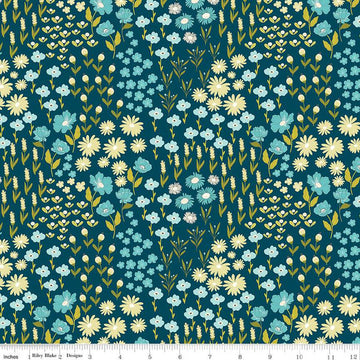 Fat Quarter End of Bolt - Feed My Soul Main Flower Garden C14551 Navy - Riley Blake Designs - Floral Flowers - Quilting Cotton Fabric