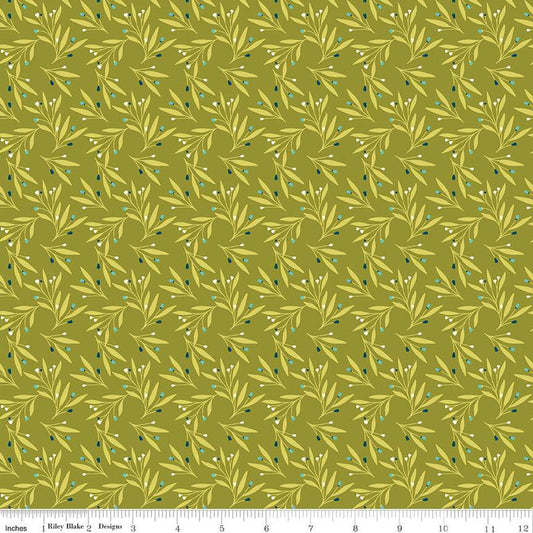 Feed My Soul Leaves C14554 Olive - Riley Blake Designs - Leaf Sprigs Berries - Quilting Cotton Fabric