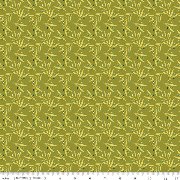 Feed My Soul Leaves C14554 Olive by Riley Blake Designs - Leaf Sprigs Berries - Quilting Cotton Fabric