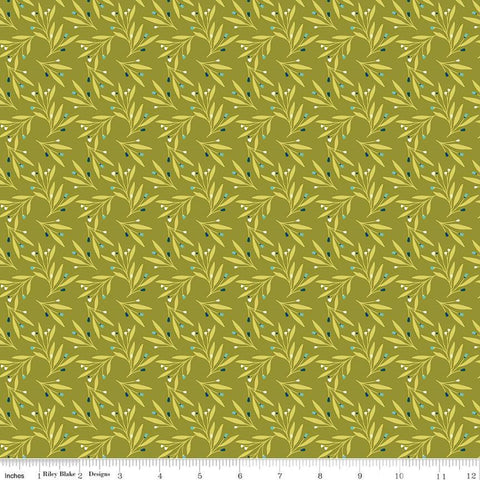 SALE Feed My Soul Leaves C14554 Olive by Riley Blake Designs - Leaf Sprigs Berries - Quilting Cotton Fabric