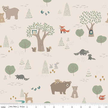 Fat Quarter End of Bolt - FLANNEL Elmer and Eloise F14690 Sand - Riley Blake - Bears Rabbits Owls Foxes Quail Trees - FLANNEL Cotton Fabric