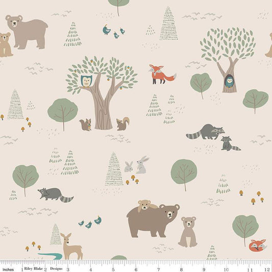 Fat Quarter End of Bolt - FLANNEL Elmer and Eloise F14690 Sand - Riley Blake - Bears Rabbits Owls Foxes Quail Trees - FLANNEL Cotton Fabric