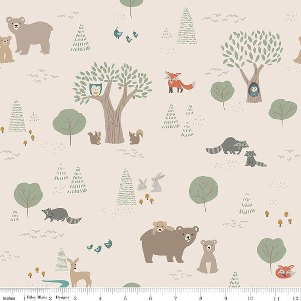 FLANNEL Elmer and Eloise F14690 Sand - Riley Blake Designs - Bears Rabbits Owls Racoons Foxes Quail Trees - FLANNEL Cotton Fabric