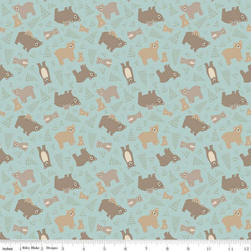 FLANNEL Elmer & Eloise Bears F14691 Aqua - Riley Blake Designs - Bears Bear Cubs Trees - FLANNEL Cotton Fabric