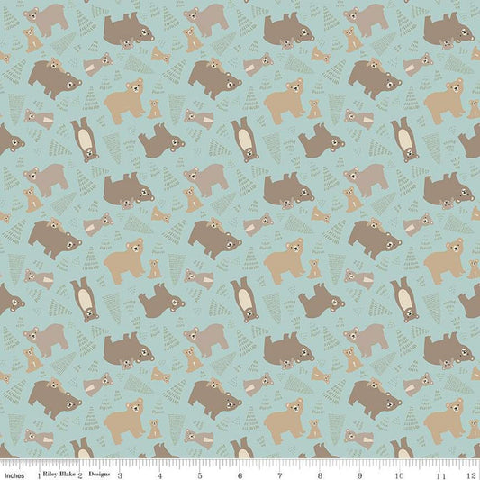 FLANNEL Elmer & Eloise Bears F14691 Aqua - Riley Blake Designs - Bears Bear Cubs Trees - FLANNEL Cotton Fabric