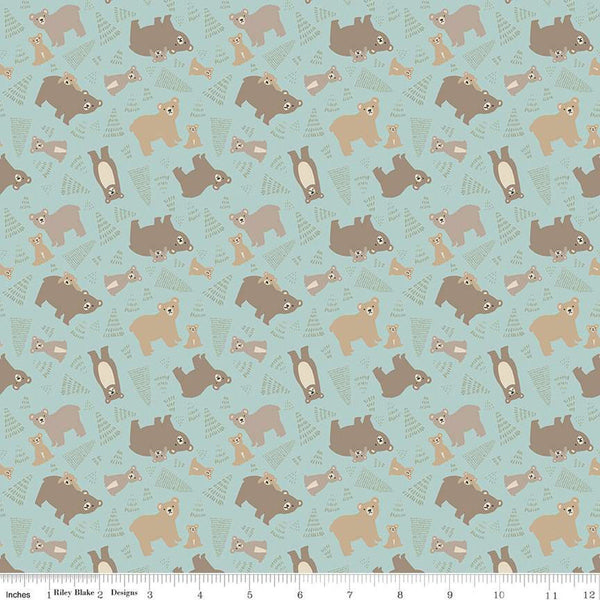 SALE FLANNEL Elmer and Eloise Bears F14691 Aqua - Riley Blake Designs - Bears Bear Cubs Trees - FLANNEL Cotton Fabric