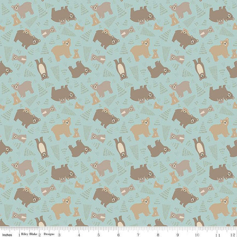 FLANNEL Elmer and Eloise Bears F14691 Aqua - Riley Blake Designs - Bears Bear Cubs Trees - FLANNEL Cotton Fabric