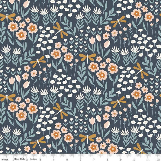 17" End of Bolt - FLANNEL Little Swan Lakeside Floral F14693 Navy - Riley Blake Designs - Flowers Dragonflies - FLANNEL Cotton Fabric