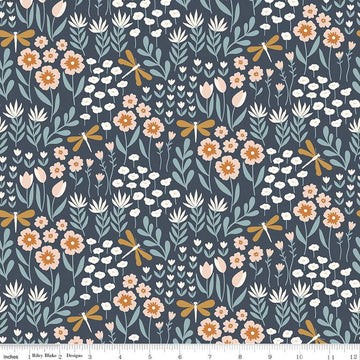 Fat Quarter End of Bolt - FLANNEL Little Swan Lakeside Floral F14693 Navy - Riley Blake Designs - Flowers Dragonflies - FLANNEL Cotton